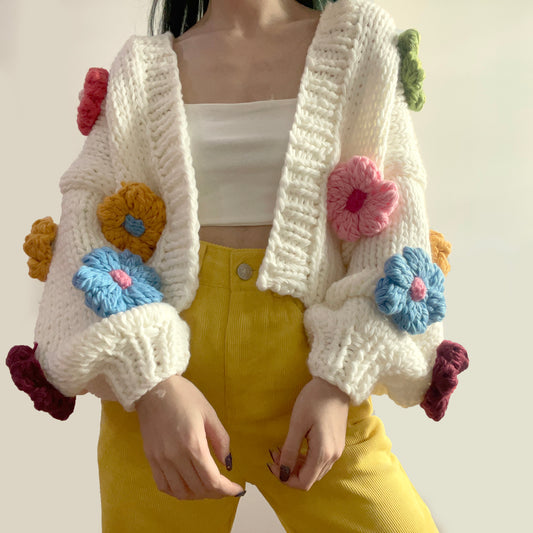 Chunky Daisy Cropped Cardigan (White/Multi)