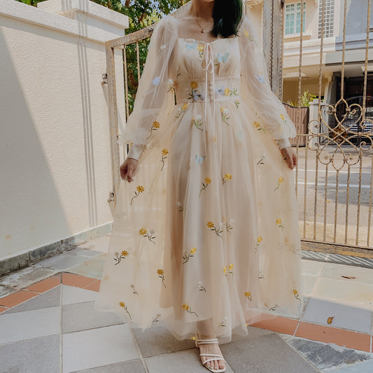 Butterfly Garden Tulle Maxi Dress (Cream)