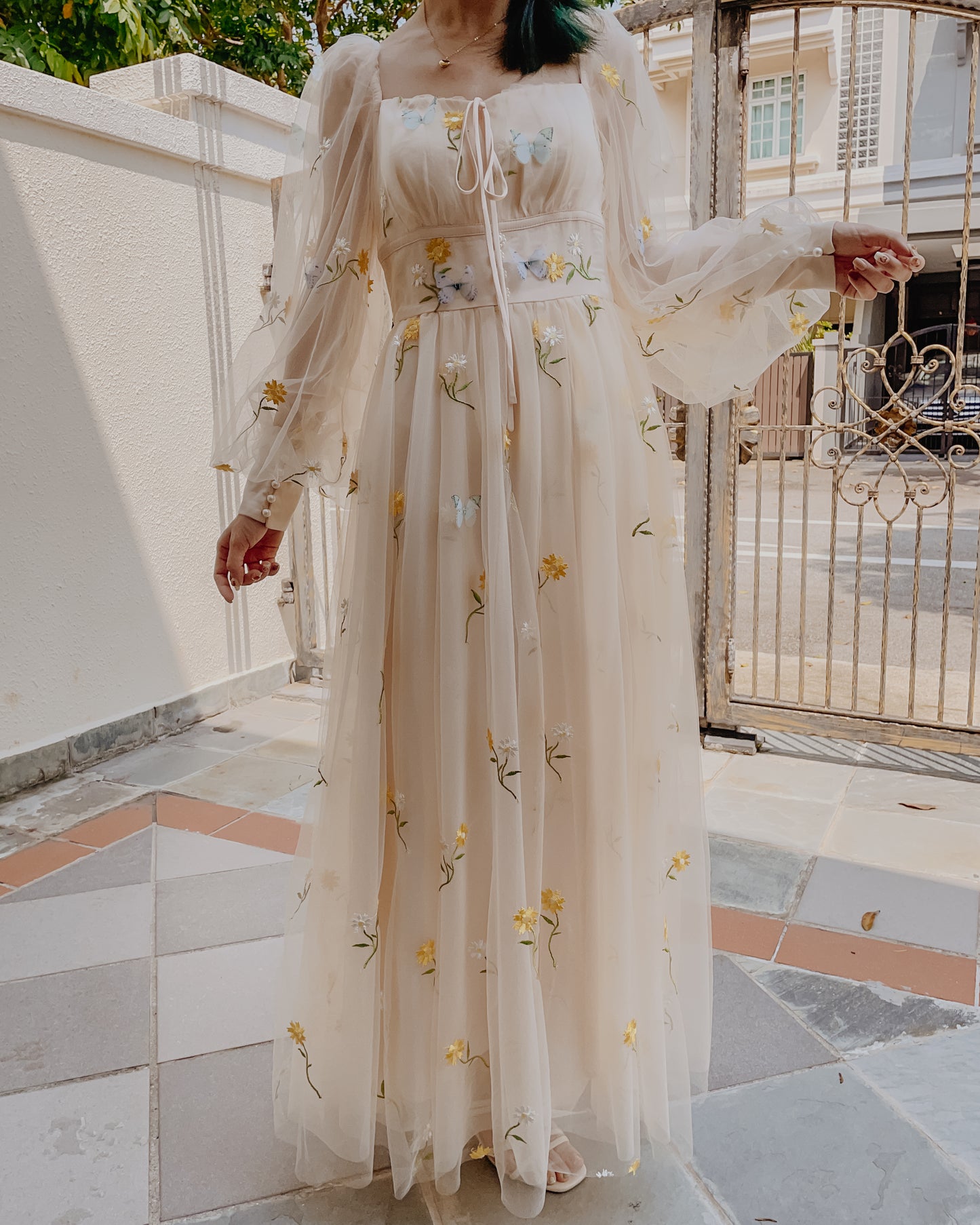Butterfly Garden Tulle Maxi Dress (Cream)