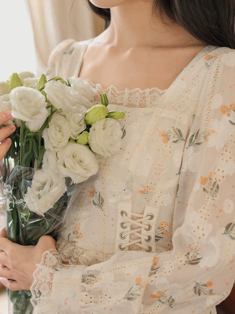 Flower Blossom Lace Up Midi Dress (Cream)
