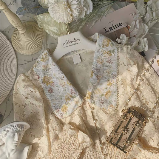 Floral Lace Peter Pan Collar Blouse (Cream)