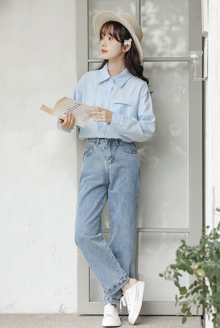 Flower Hem Embroidered Jeans (Acid Wash)