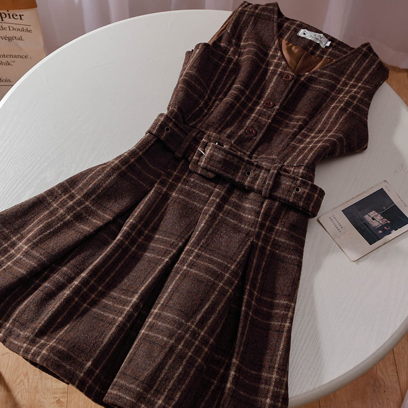 Coffee Plaid Pinafore Dress / Blouse (Brown)