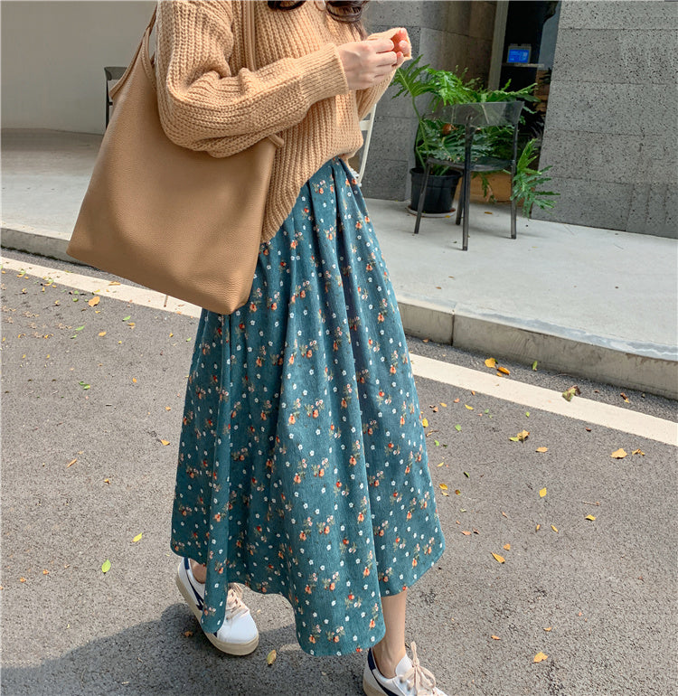 Raining Flowers Corduroy Midi Skirt (3 Colors)