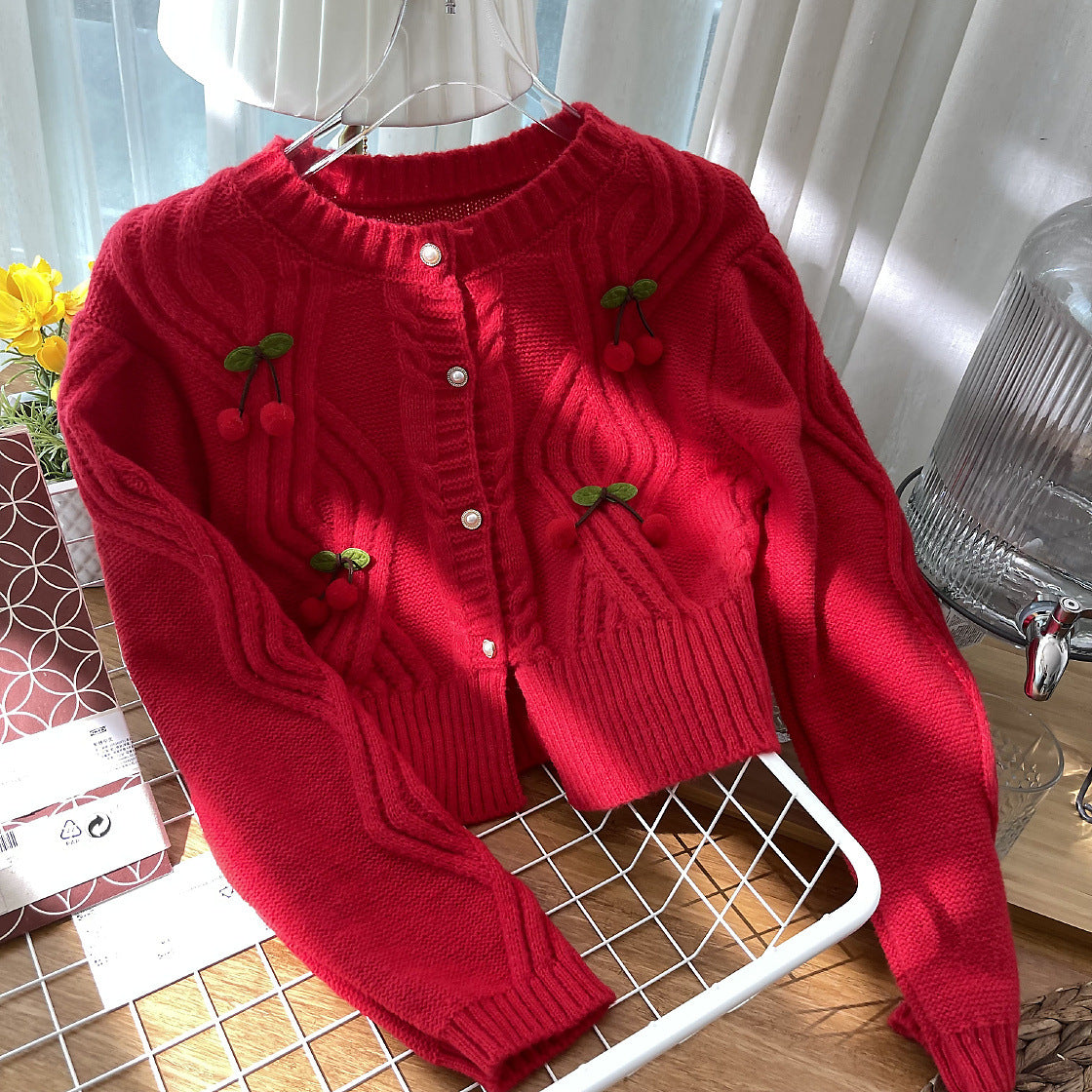 Cherry Pom Pom Cropped Cardigan (4 Colors)