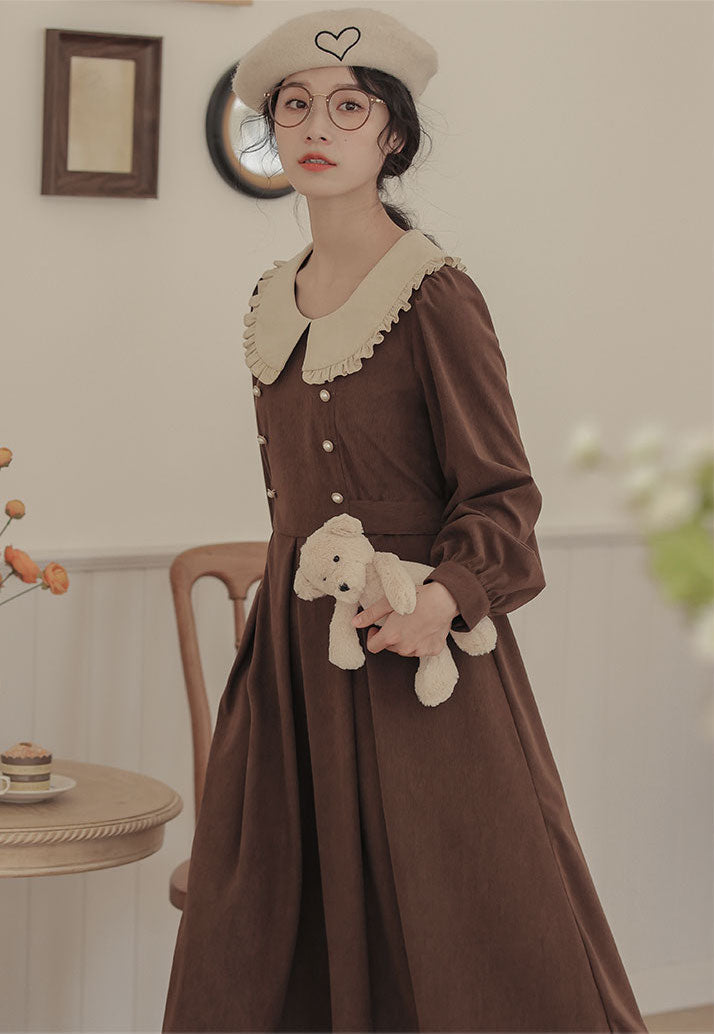 Corduroy Suede Peter Pan Midi Dress (3 Colors)