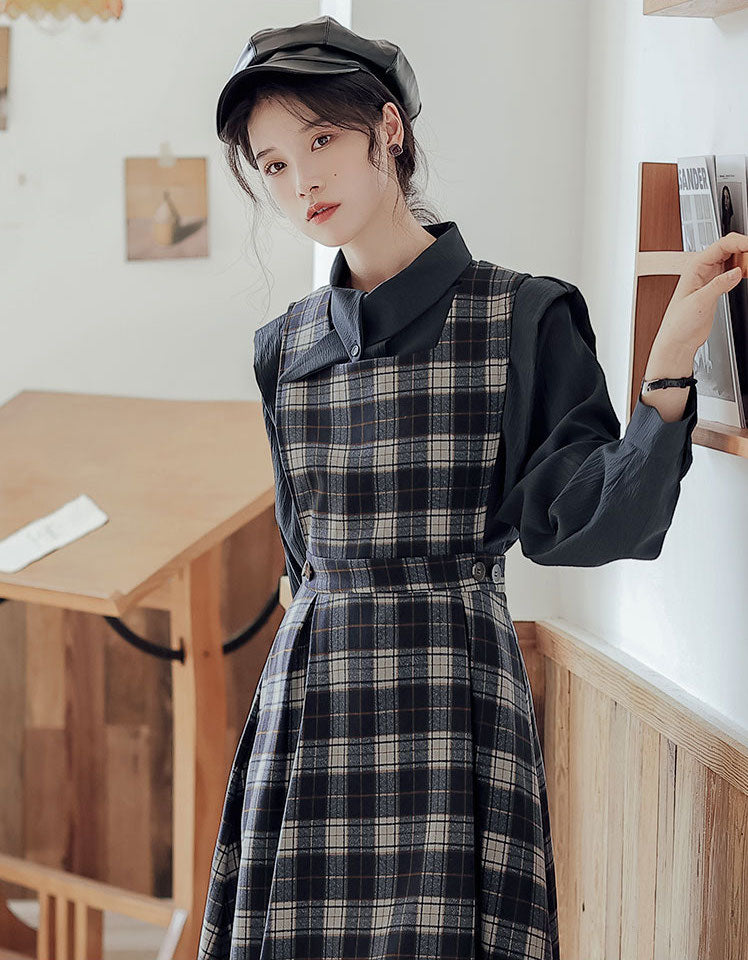 Crepe Plaid Pinafore Dress Set (2 Colors)