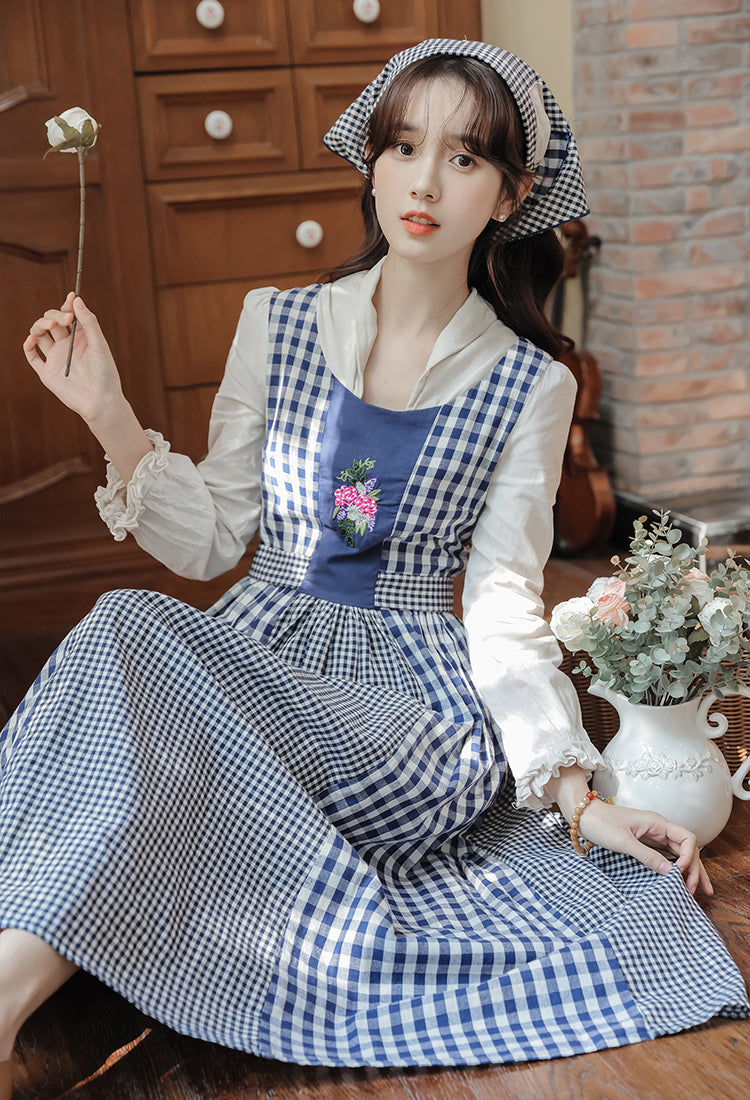 Gingham Pastures Twofer Midi Dress (Blue/White)