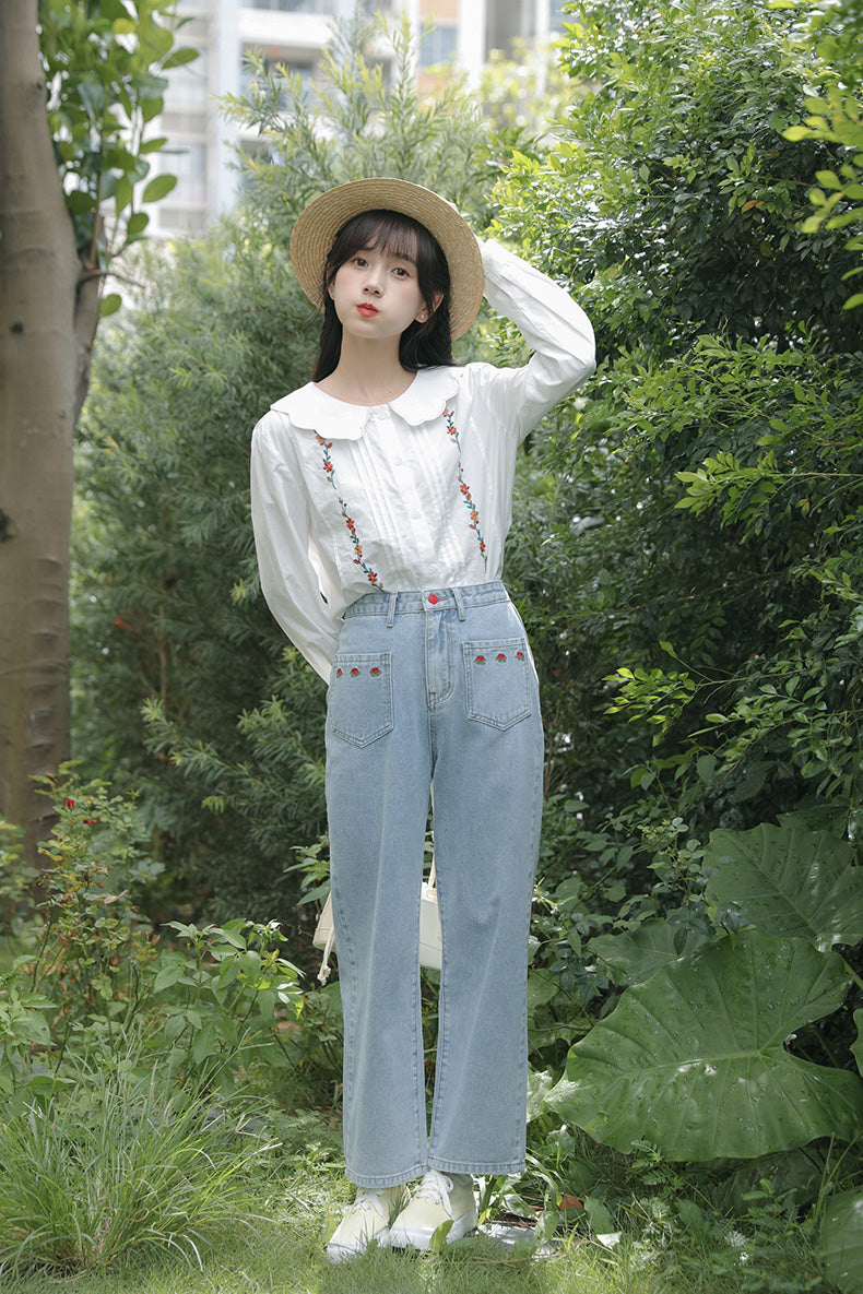 Embroidered Rose Pocket Jeans (Light Denim)