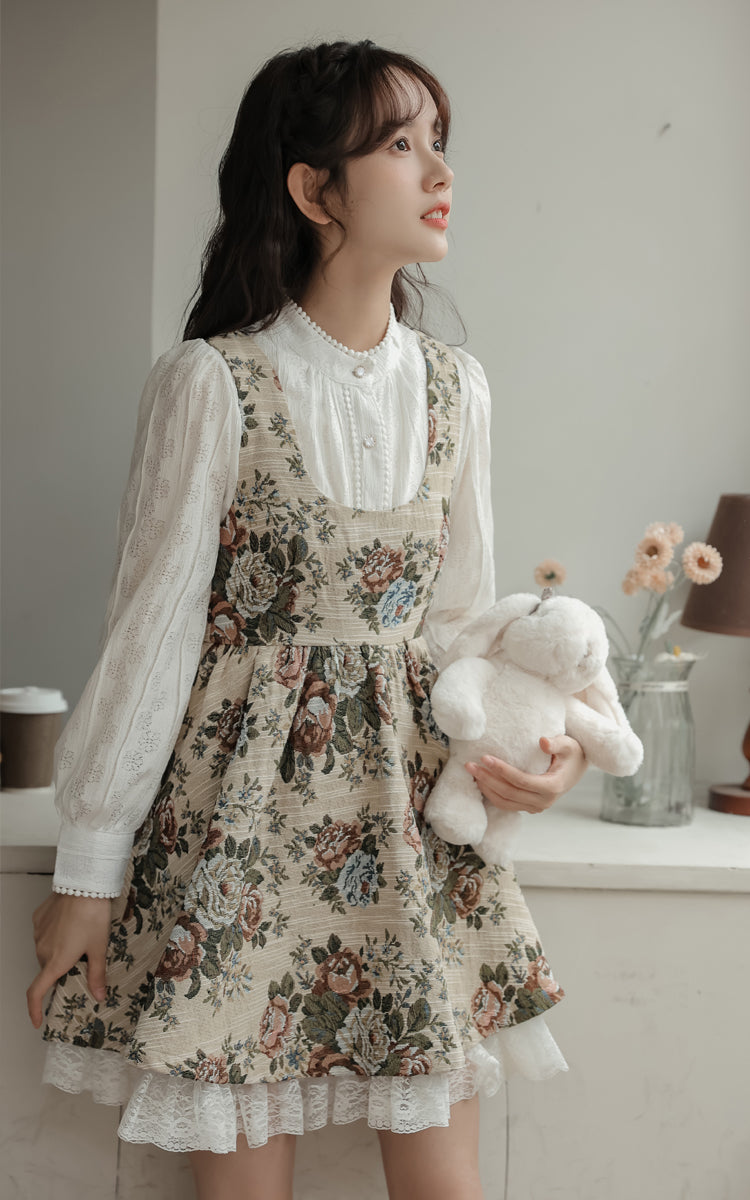 Rustic Rose Babydoll Dress (Beige)
