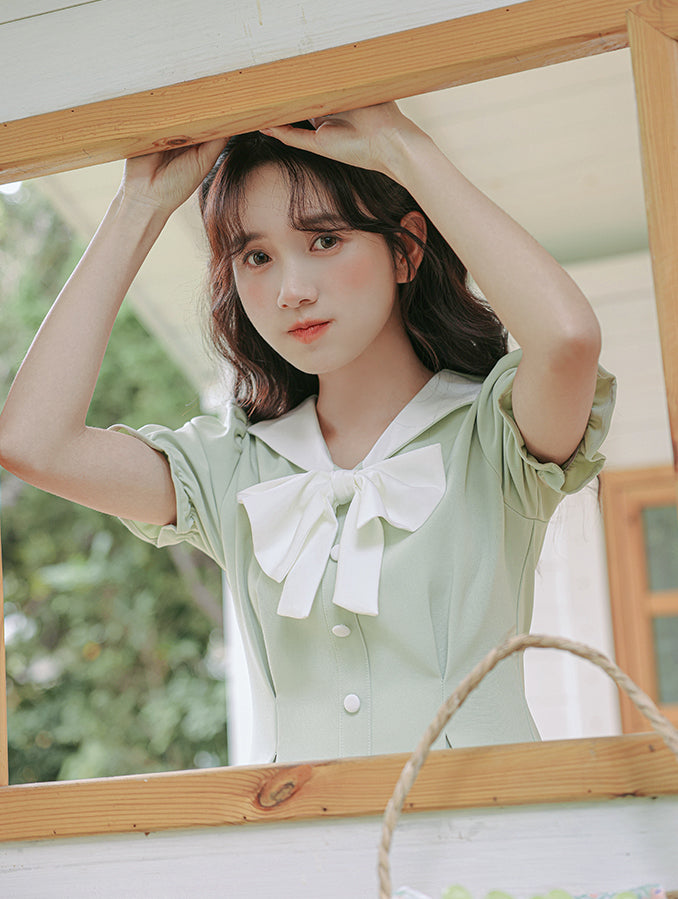 Sweet Sailor Button Mini Dress (Green)