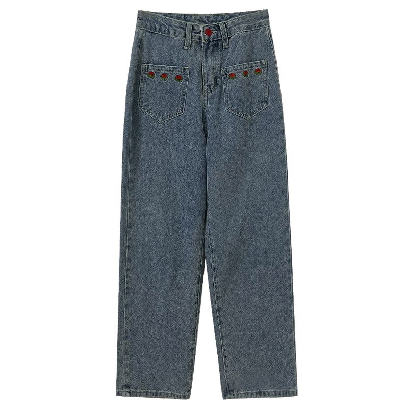 Embroidered Rose Pocket Jeans (Light Denim)