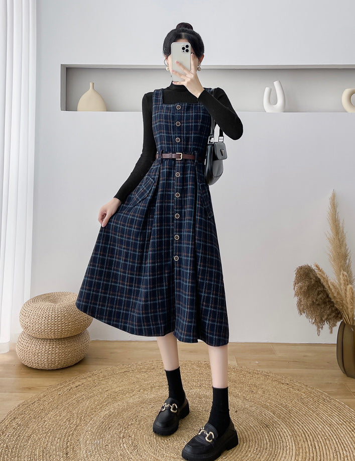 Button Up Plaid Pinafore Dress (2 Colors)
