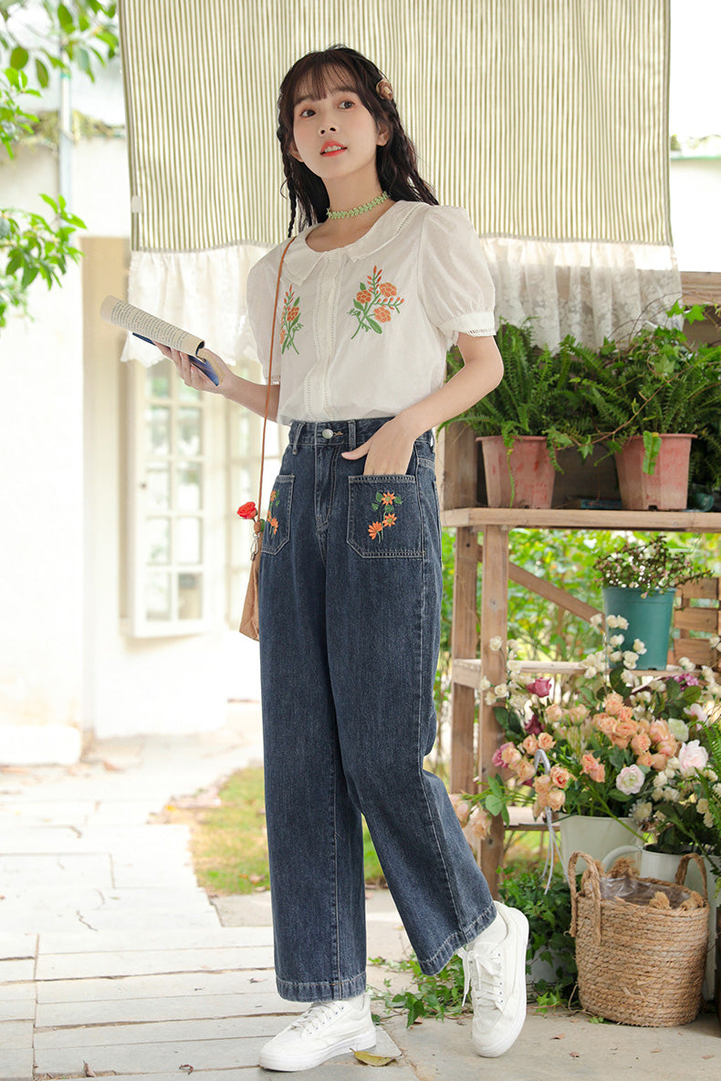 Country Daisy Embroidered Pocket Jeans (Dark Denim)