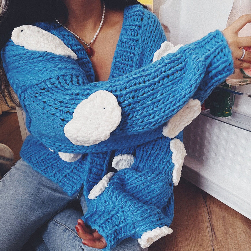 Chunky Cloudy Sky Cropped Cardigan (Blue)