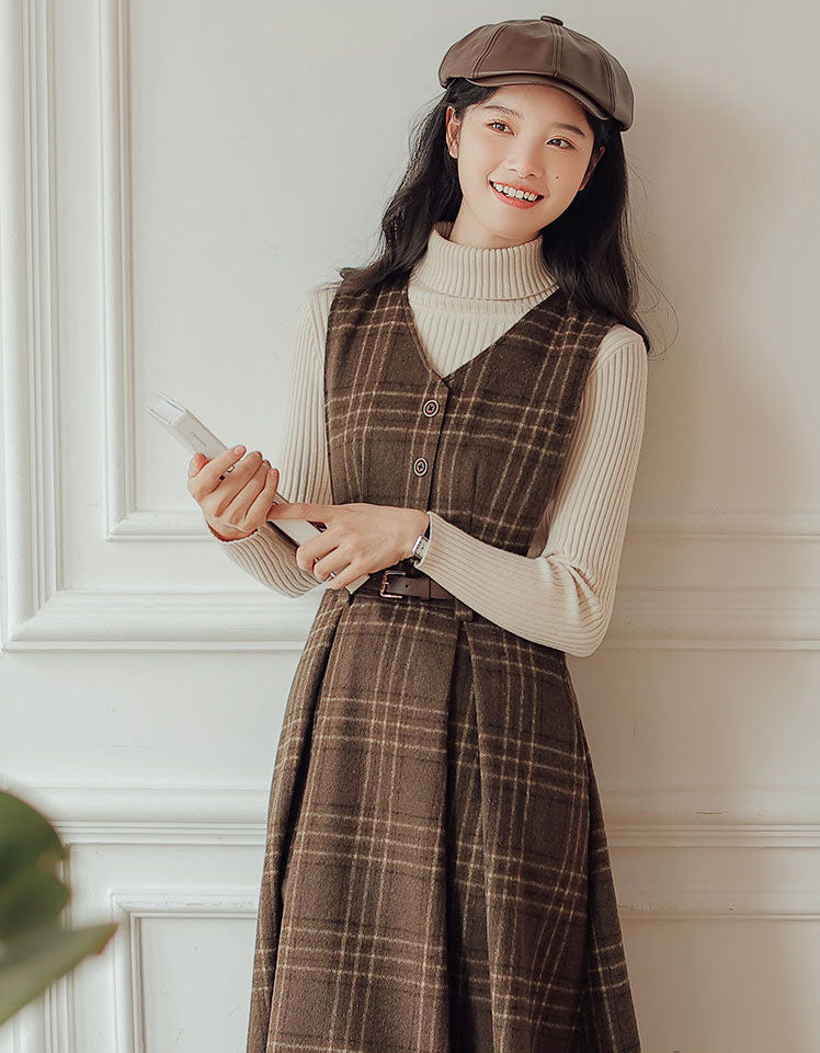 Coffee Plaid Midi Pinafore Dress (Brown)