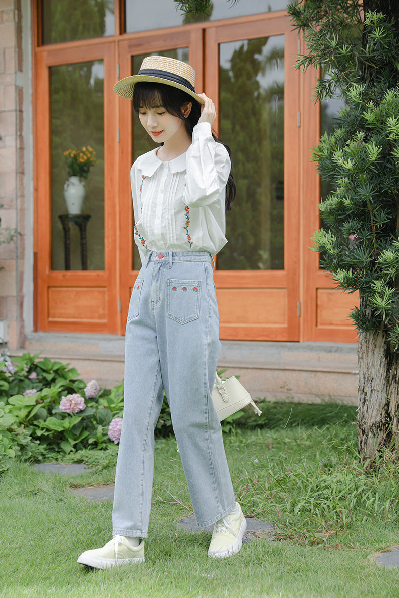 Embroidered Rose Pocket Jeans (Light Denim)