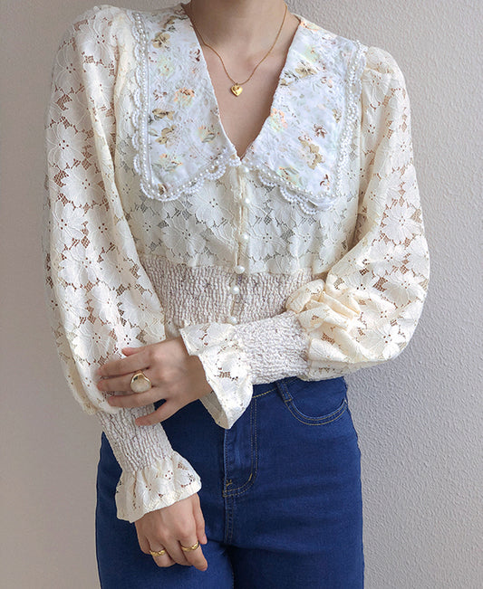 Floral Lace Peter Pan Collar Blouse (Cream)