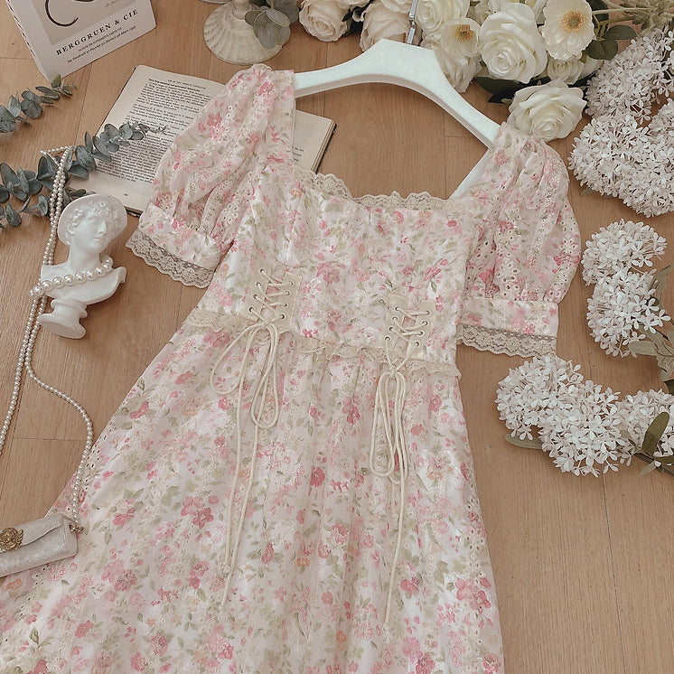 Flower Blossom Lace Up Midi Dress (2 Colors)