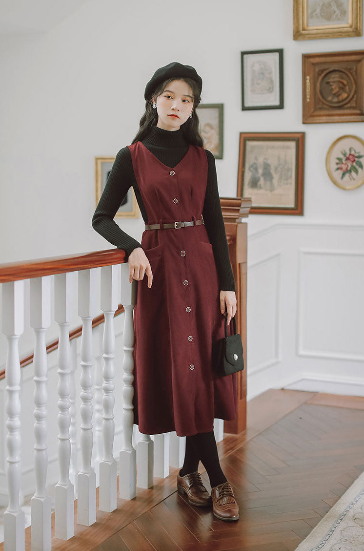 Button Up Suede Pinafore Dress (4 Colors)