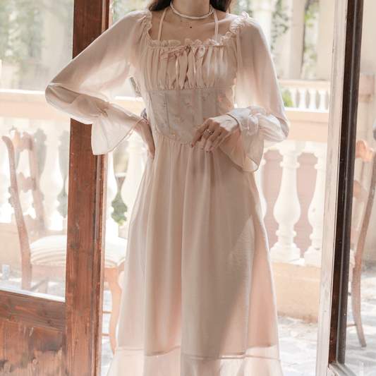 Sweet Floral Jacquard Corset Dress (Beige)