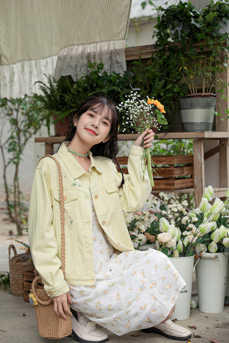 Daisy Garden Embroidered Denim Jacket (Yellow)