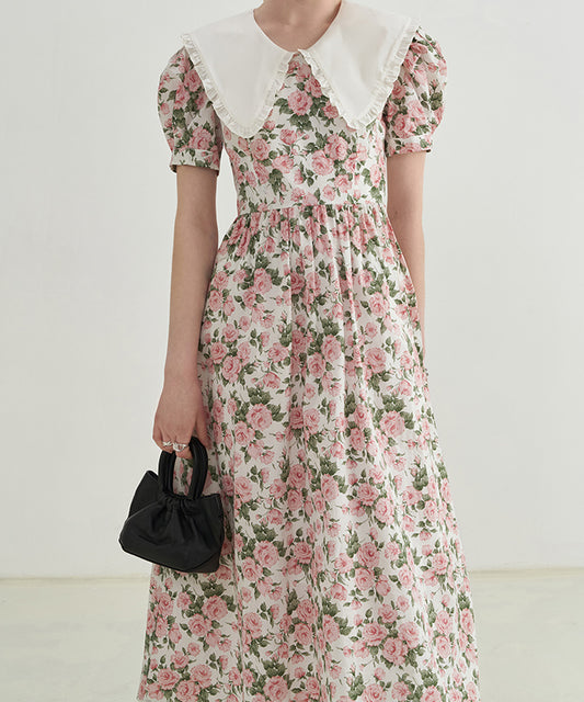 Rose Tea Peter Pan Dress (White/Pink)