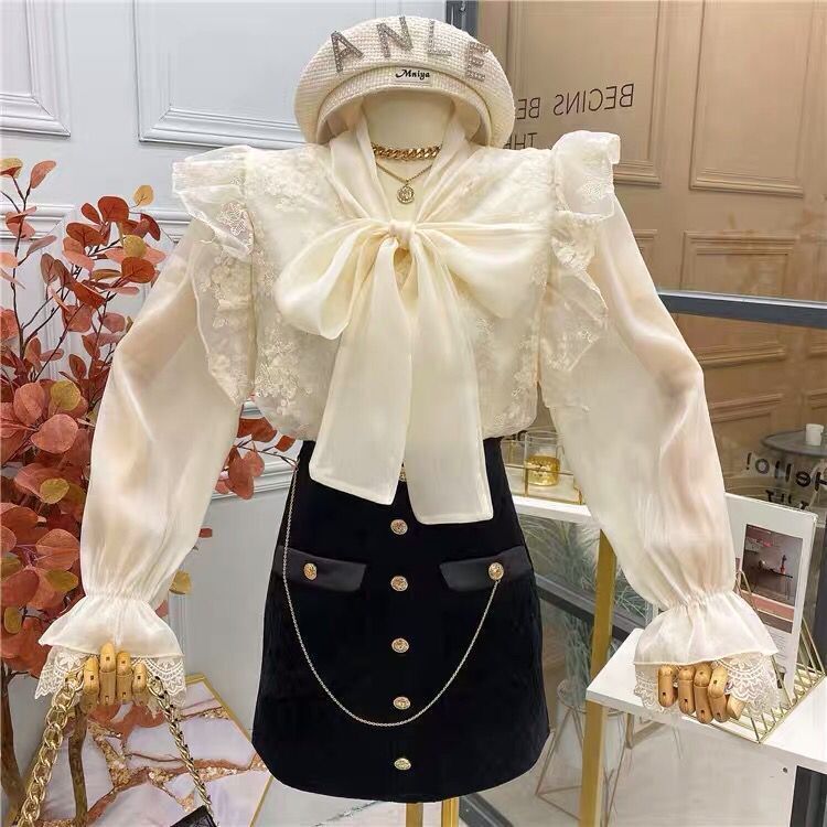Ruffle Lace Tie Neck Blouse (Cream)