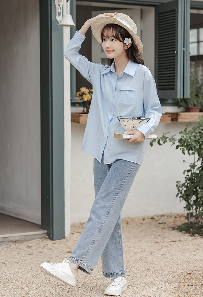 Flower Hem Embroidered Jeans (Acid Wash)