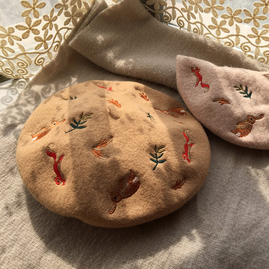 Bunny & Squirrel Embroidered Beret (3 Colors)