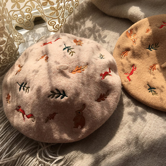 Bunny & Squirrel Embroidered Beret (3 Colors)