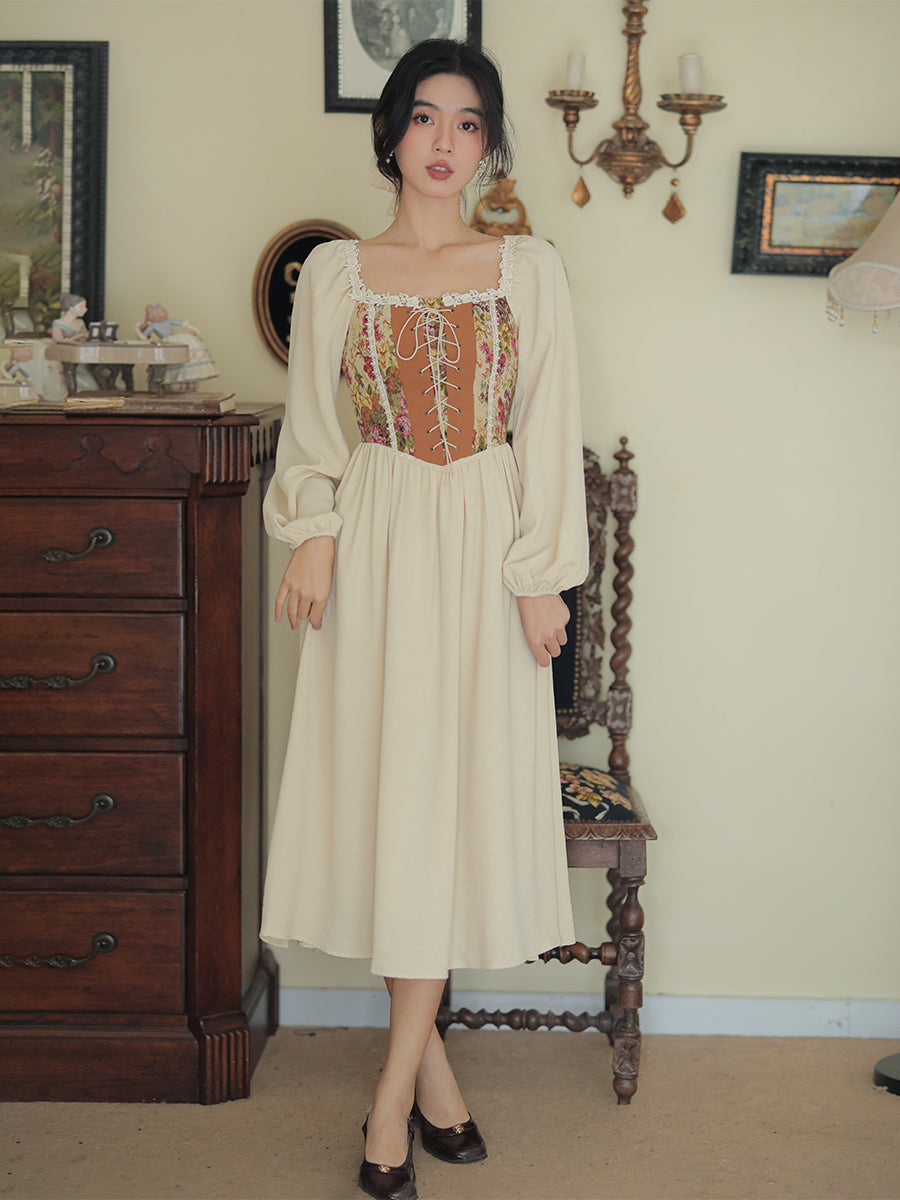 Rustic Rose Lace Up Corset Midi Dress (Pink/Cream)