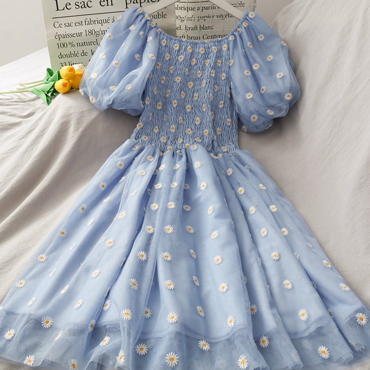 Puff Sleeve Daisy Dress (5 Colors) Blue Puff Sleeve Daisy Dress (5 Colors) Blue
