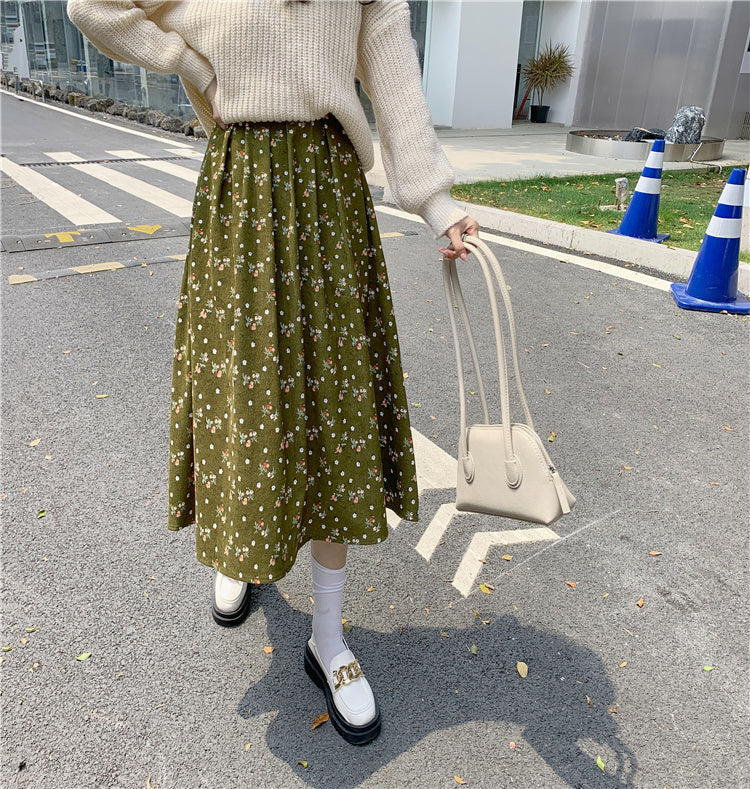 Raining Flowers Corduroy Midi Skirt (3 Colors)