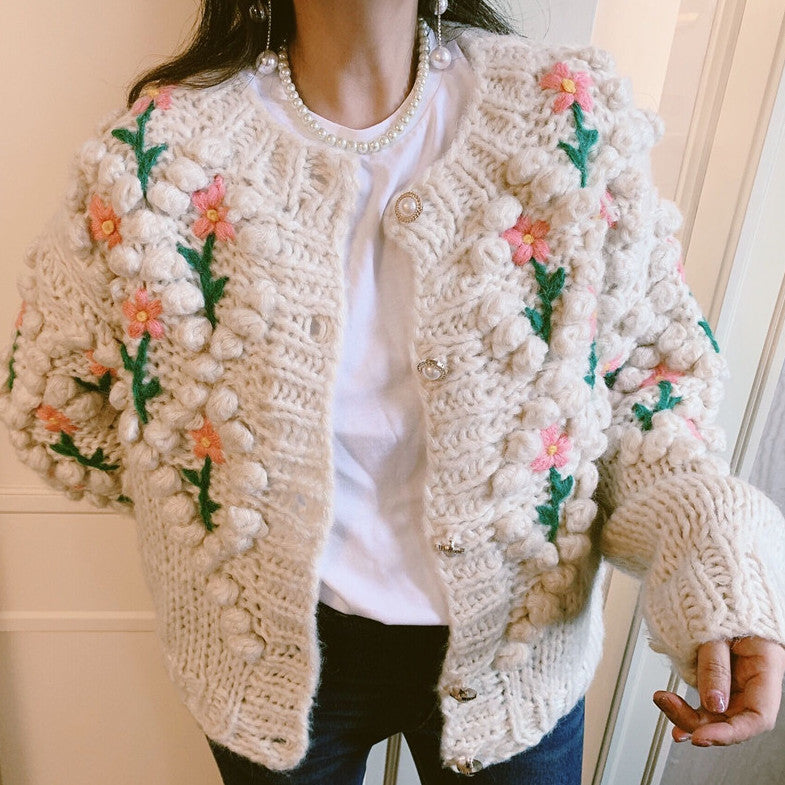 Pom Pom Floral Chunky Cardigan (Cream)