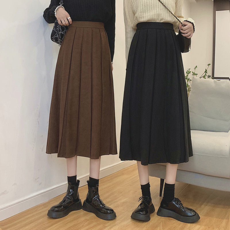 Corduroy Suede Pleated Midi Skirt (6 Colors)