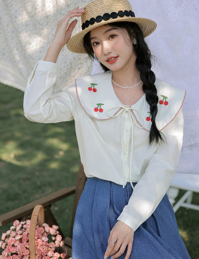 Sweet Cherry Collar Blouse (White)