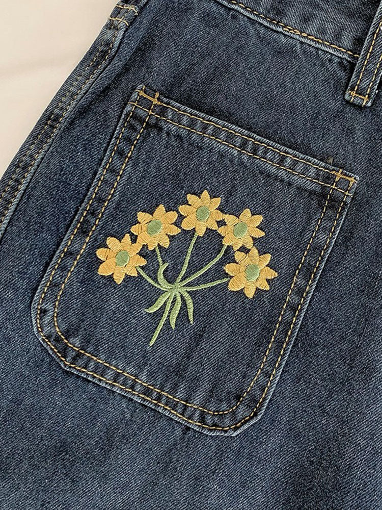 Embroidered Sunflower Pocket Jeans (2 Colors)