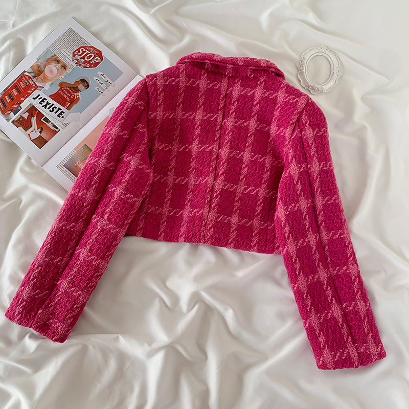 Tweed Plaid Blazer Skirt Set (Hot Pink)