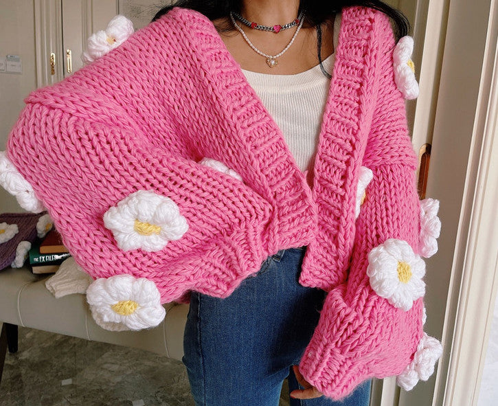 Chunky Daisy Cropped Cardigan (Pink)