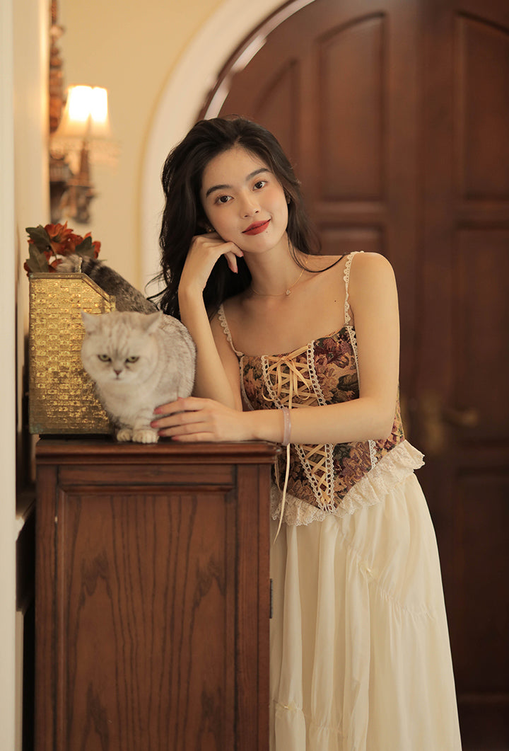 Rustic Floral Lace Up Corset (Beige)