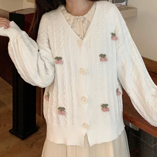 Cherry Pom Pom Cardigan (4 Colors)