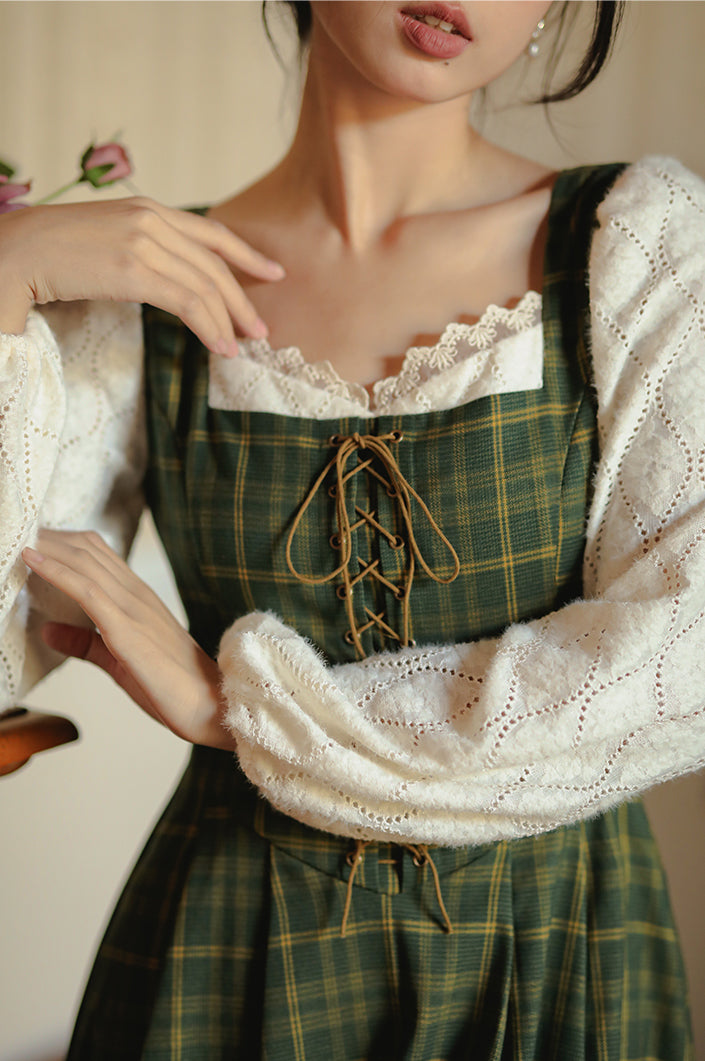 Rustic Plaid Lace Up Corset Midi Dress (Green)