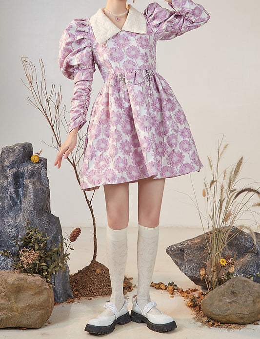 Puff Sleeve Daisy Jacquard Dress (Pink)