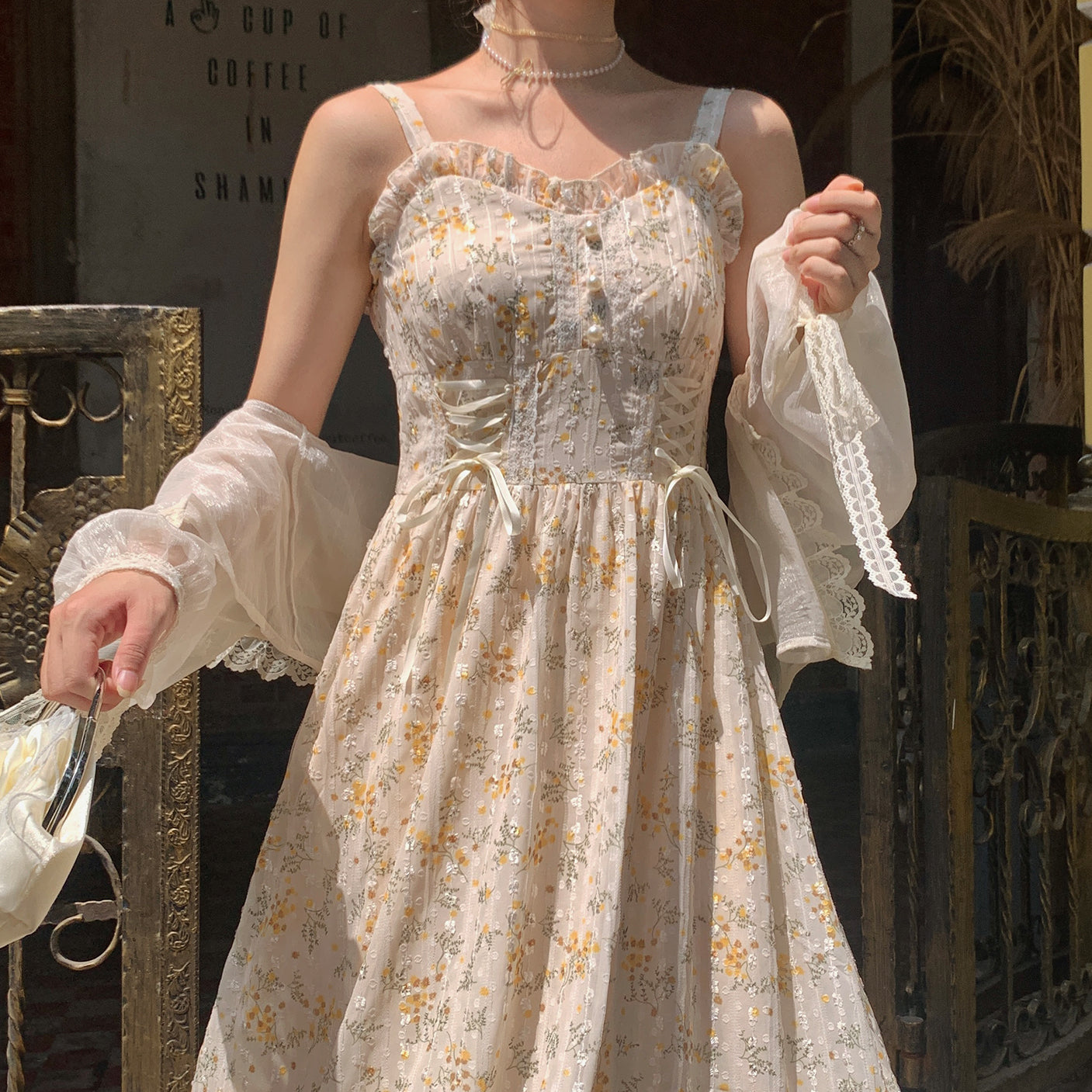 Ditsy Floral Lace Up Midi Dress (Cream/Yellow) Ditsy Floral Lace Up Midi Dress (Cream/Yellow)