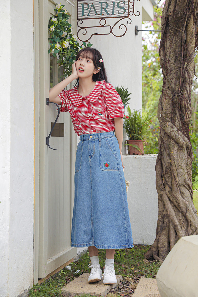 Daisy Pocket Gingham Blouse (Red)