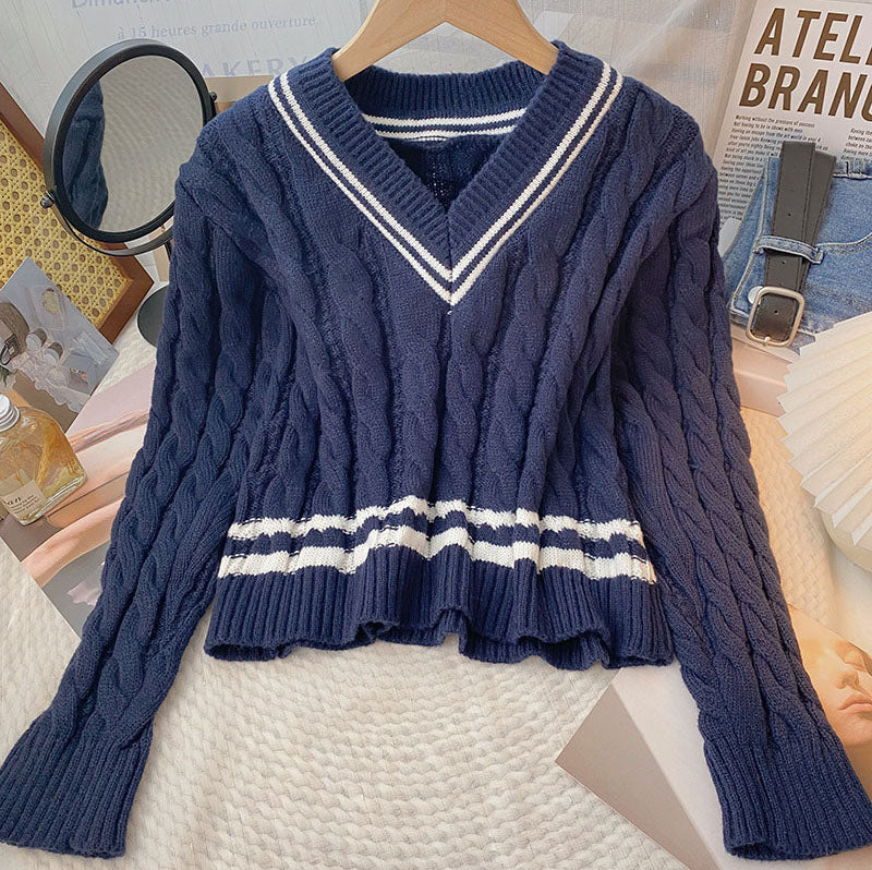 Varsity Cable Knit V-Neck Sweater (3 Colors)
