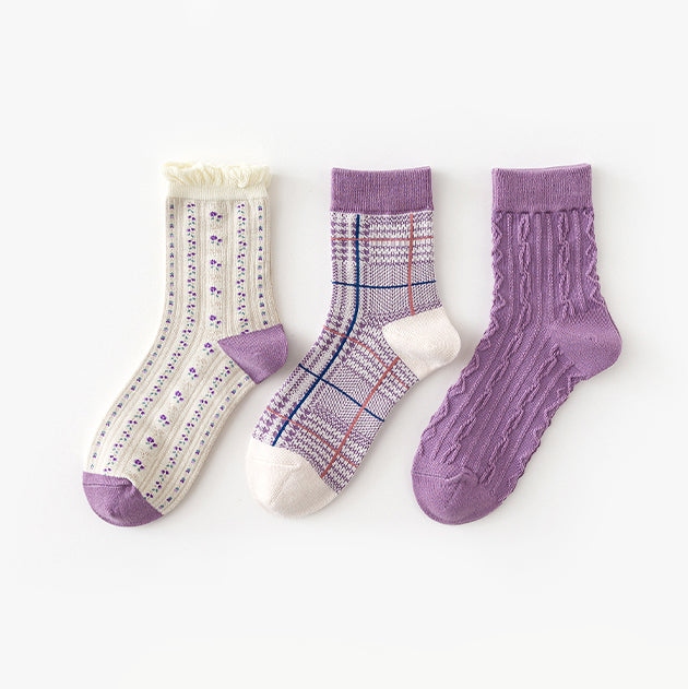 Floral Plaid Sock Set (Purple)