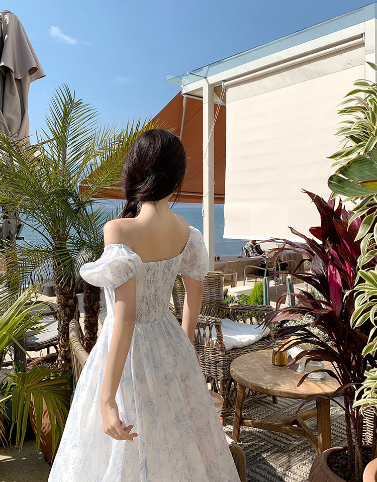 Porcelain Sketch Midi Dress (White/Blue)