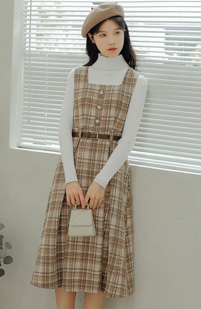 Latte Plaid Pinafore Dress (Khaki)